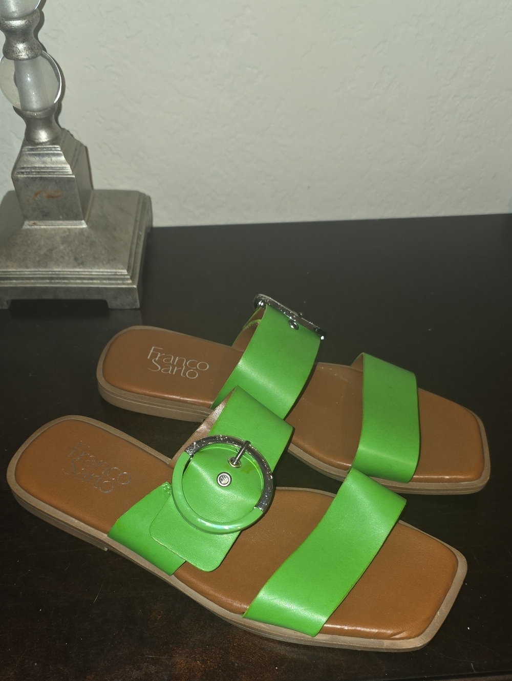 Franco Sarto Lime Green Double-Strap Slide Sandals with Round Buckle